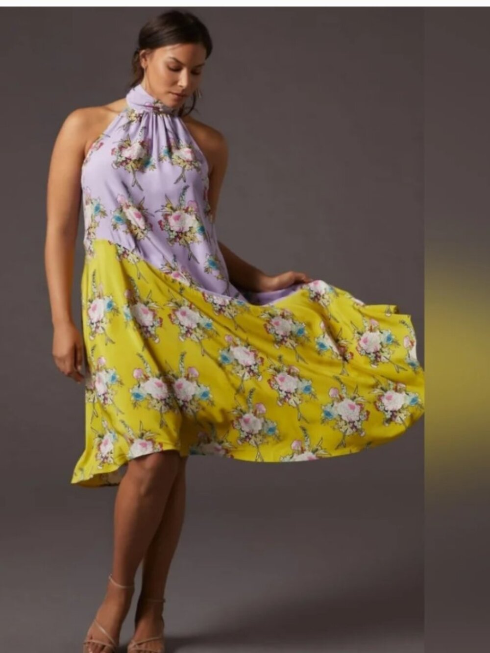 ANTHROPOLOGIE SILK HALTER MIDI DRESS YELLOW AND PURPLE FLORAL ASYMMETRICAL SMALL